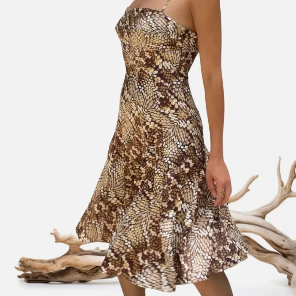 NWOT Just Cavalli Brown Animal Printed Satin Sleeveless Dress, Size Small